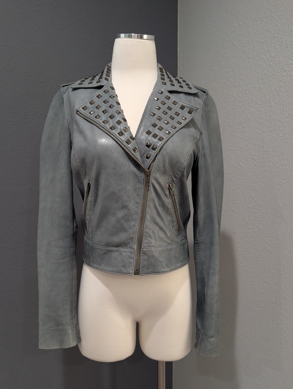 Trouvé Gray Genuine Leather Moto Jacket with Studded Lapels - Size S